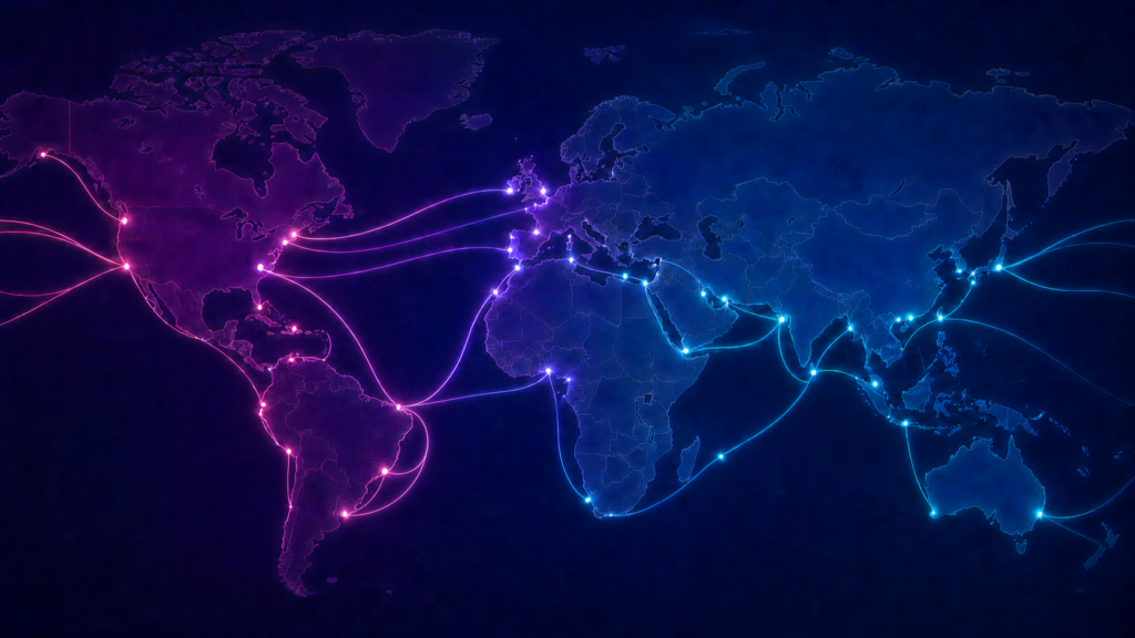 Internet ne tient qu’à un fil Carte du monde sombre parcourue de routes lumineuses de câbles sous-marins reliant les continents.
