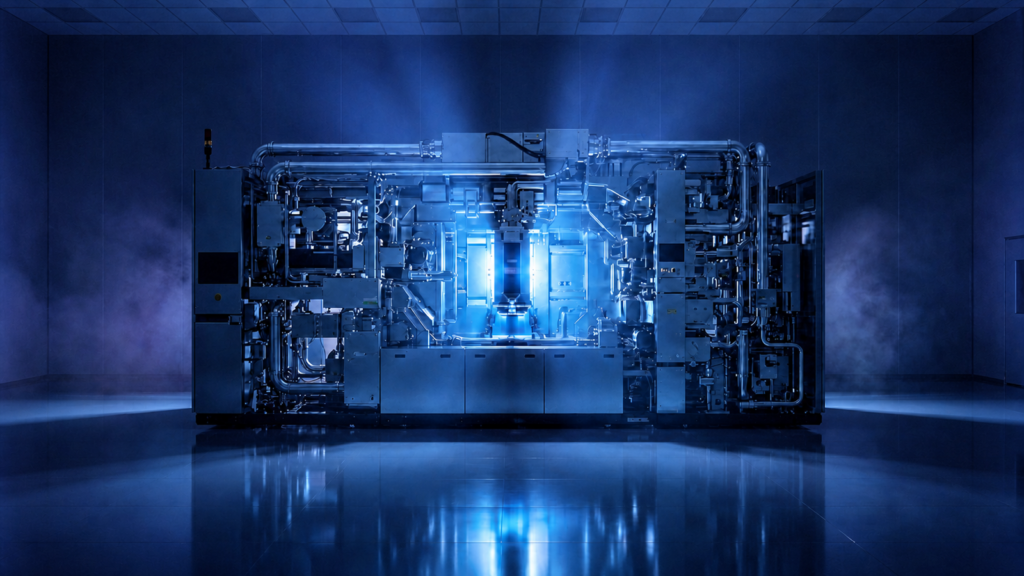 ASML : la machine qui imprime le monde Système de lithographie EUV d’ASML installé dans une salle blanche de fabrication de puces.