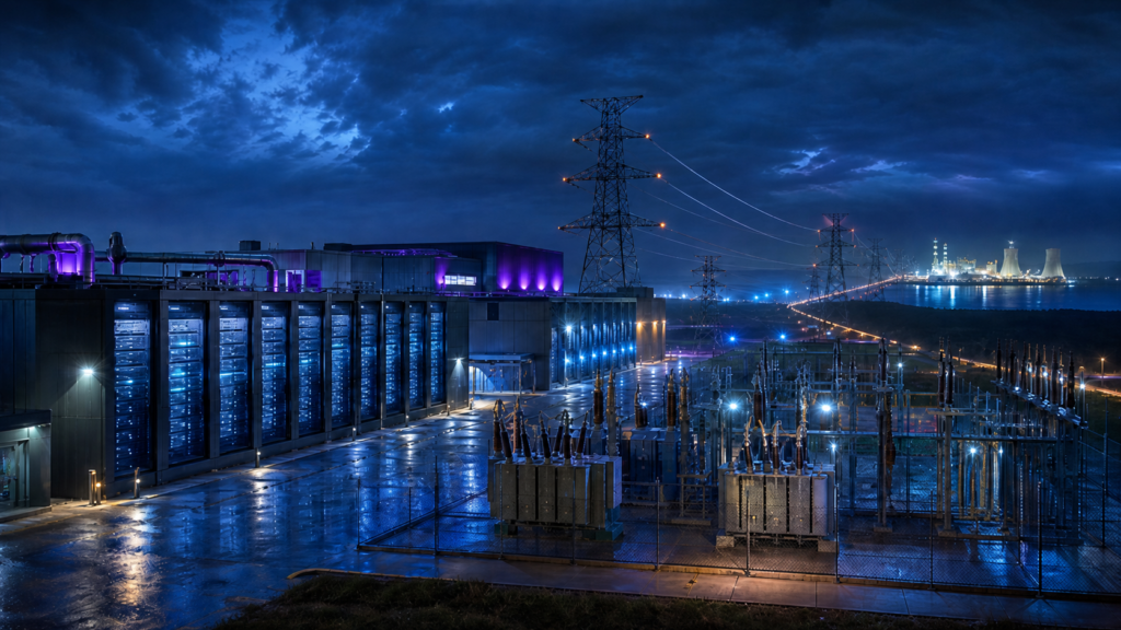 Centre de données relié visuellement à un poste électrique, à des lignes à haute tension et à une centrale dans un paysage industriel nocturne.