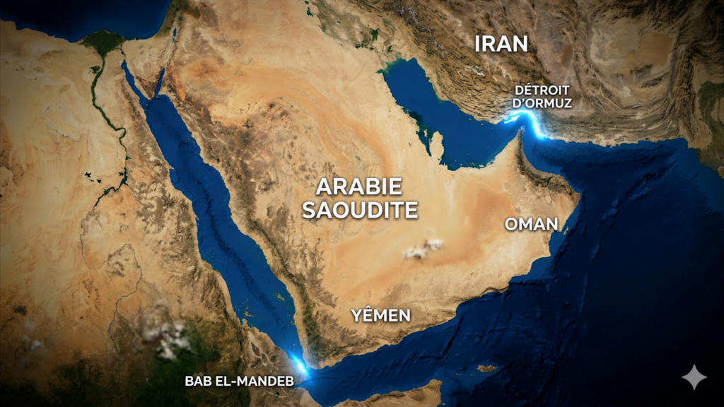 Carte de la péninsule Arabique mettant en évidence le détroit d’Ormuz et Bab el-Mandeb aux deux extrémités des routes maritimes régionales.