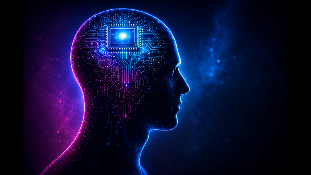La course à la superintelligence Silhouette humaine dessinée par des circuits lumineux, avec un processeur au centre de la tête sur un fond bleu et magenta.