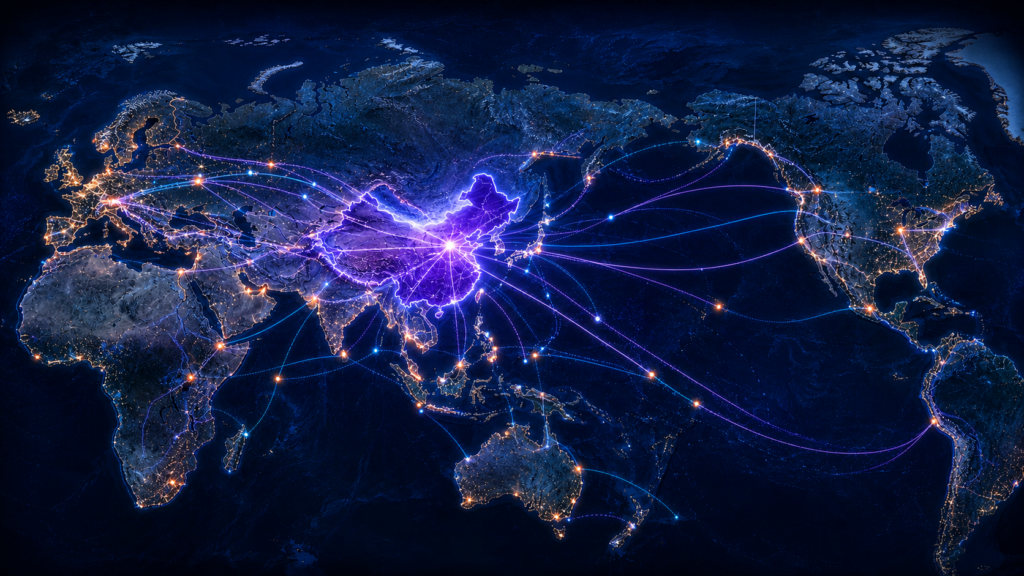 La Chine revient, tout simplement Carte du monde nocturne où la Chine apparaît illuminée et reliée aux réseaux industriels et commerciaux mondiaux.