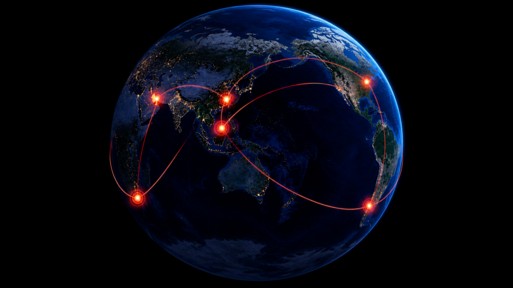 La revanche de la géopolitique Globe terrestre sombre entouré d’un réseau industriel qui converge vers quelques points lumineux.